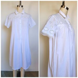 Vintage French White Night Gown Dress - White Eyelet Bed Dress 80s 90s XS - S